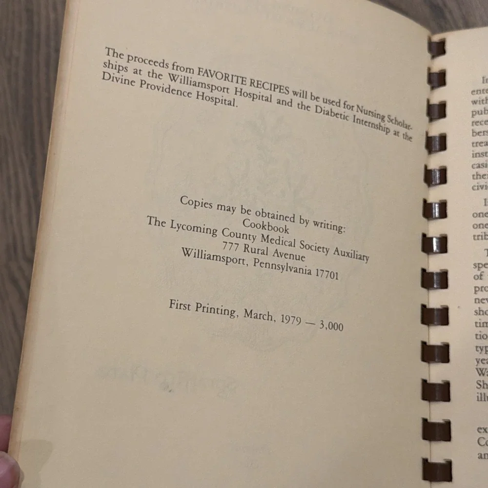 Lycoming County PA Medical Society Auxiliary's Favorite Recipes Cookbook Ist Ed